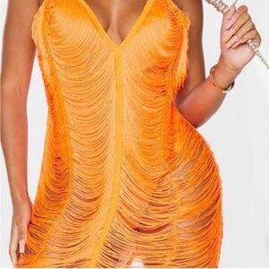 Orange Fringe Bodycon Dress Women Size 14 Sexy Party Club Dress NWT